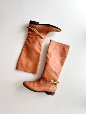 RALPH LAUREN Jenny Brown Leather Gold Tone Harness Tall Riding Boots, Size 38.5
